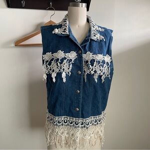 Vintage Handmade Denim Jean Vest w/ Lace Appliqué Fringe